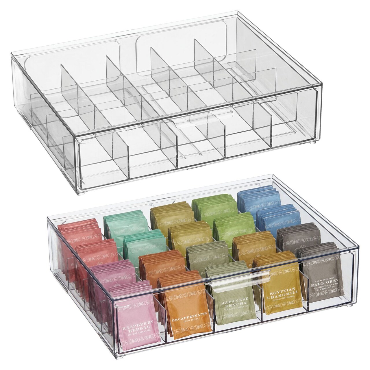 mDesign Divided Plastic 20-Section Stackable Tea Bin w/ Drawer - 2 Pack, Clear
